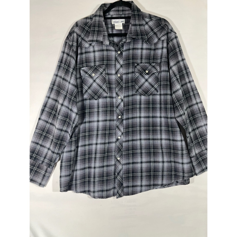 Wrangler Wrancher Western Shirt Men‎ XXL Grey Black Plaid Pearl Snap Cotton Work